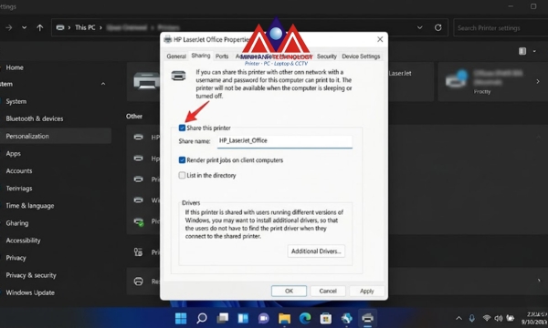 Bật Share this printer trong tab Sharing của Printer Properties trên Windows 11